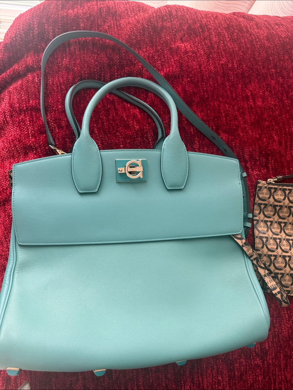 Salvatore Ferragamo Turquoise Leather Satchel with Gold Hardware